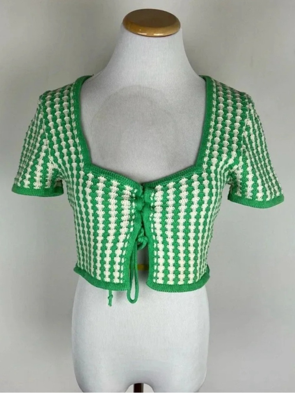 Zara Green & Cream Knit Lace-Up Crop Top - Picture 2 of 10